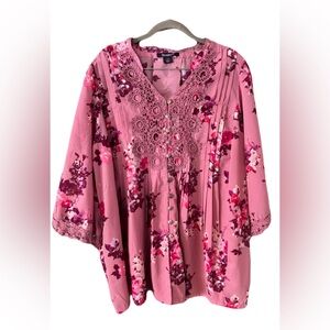 Roaman's Juliet lace trim button down Rose Floral Lace Blouse size 12